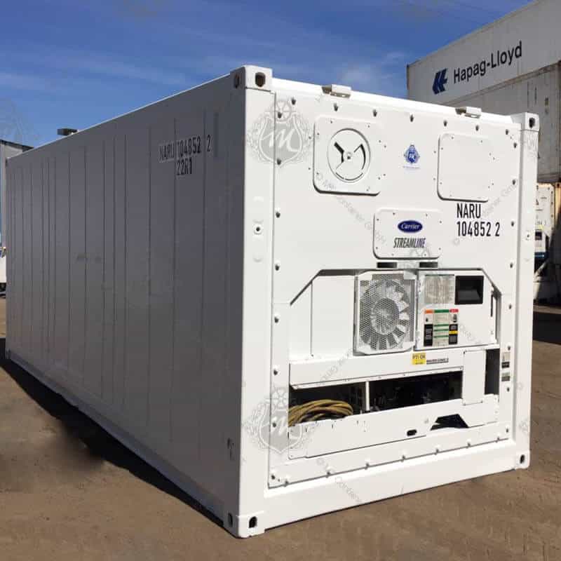 Contenedor refrigerado Reefer de 20 pies color blanco, fabricado en acero aislado, con unidad de refrigeración integrada visible, ideal para transporte y almacenamiento de productos refrigerados y congelados, garantizando una cadena de frío eficiente en logística internacional.