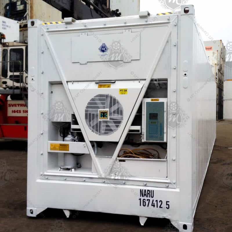 Contenedor refrigerado Reefer High Cube de 40 pies color blanco, fabricado en acero aislado, con unidad de refrigeración integrada visible, ideal para transporte y almacenamiento de productos refrigerados y congelados, garantizando una cadena de frío eficiente en logística internacional.