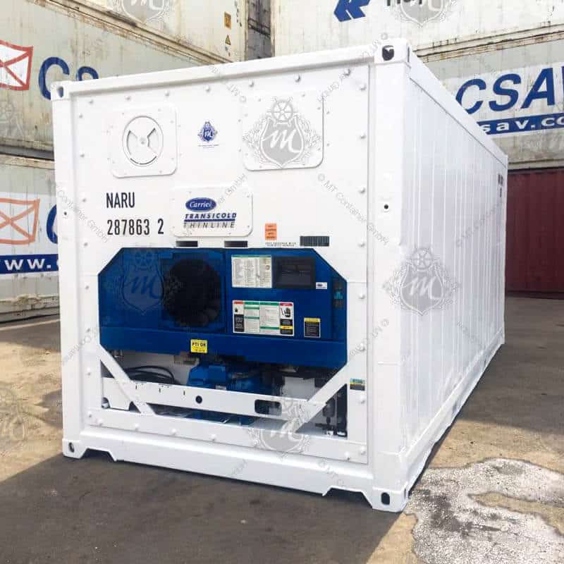 Contenedor refrigerado Reefer de 20 pies color blanco, fabricado en acero aislado, con unidad de refrigeración integrada visible, ideal para transporte y almacenamiento de productos refrigerados y congelados, garantizando una cadena de frío eficiente en operaciones logísticas.