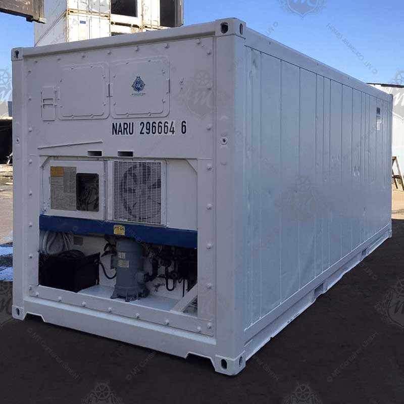 Contenedor refrigerado Reefer de 20 pies color blanco, fabricado en acero aislado, con unidad de refrigeración integrada, ideal para transporte y almacenamiento de productos sensibles a la temperatura, garantizando una cadena de frío segura en logística.