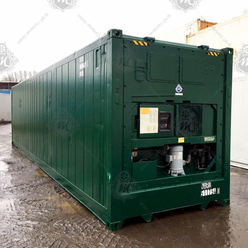 Contenedor refrigerado Reefer High Cube de 40 pies color verde, fabricado en acero aislado, con unidad de refrigeración integrada, ideal para transporte y almacenamiento de productos refrigerados y congelados, asegurando una cadena de frío eficiente en operaciones logísticas.