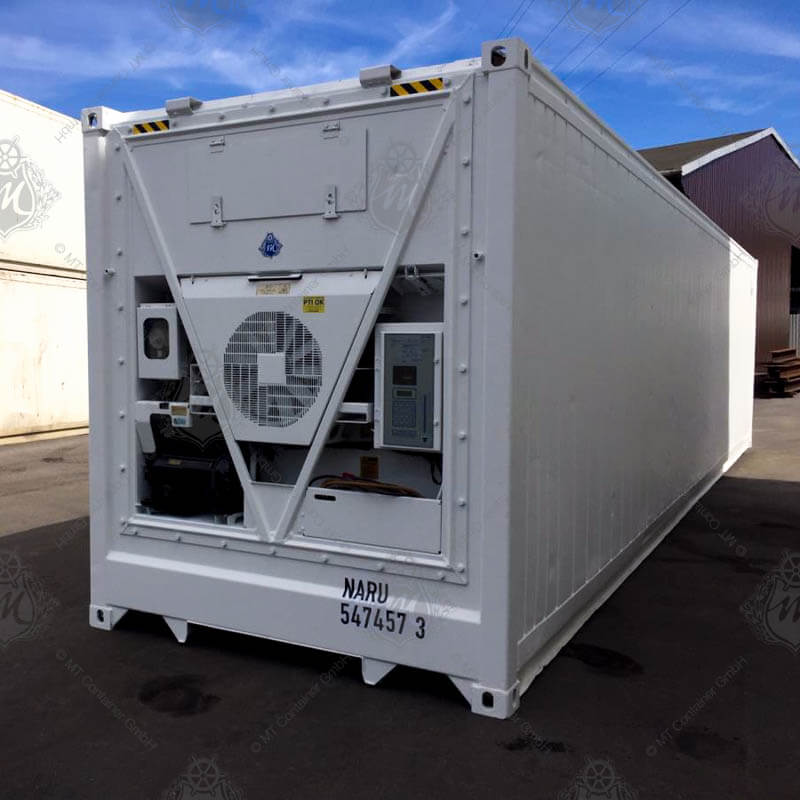 Contenedor refrigerado Reefer High Cube de 40 pies con unidad Thermo King CRR, fabricado en acero aislado, equipado con sistema de refrigeración eficiente, ideal para transporte y almacenamiento de productos refrigerados y congelados, asegurando una cadena de frío fiable en logística internacional.