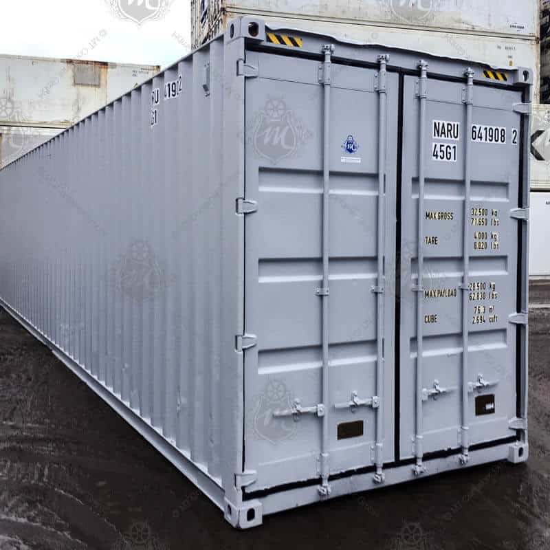 Contenedor marítimo High Cube de 40 pies gris con puertas dobles para transporte y almacenamiento de mercancías