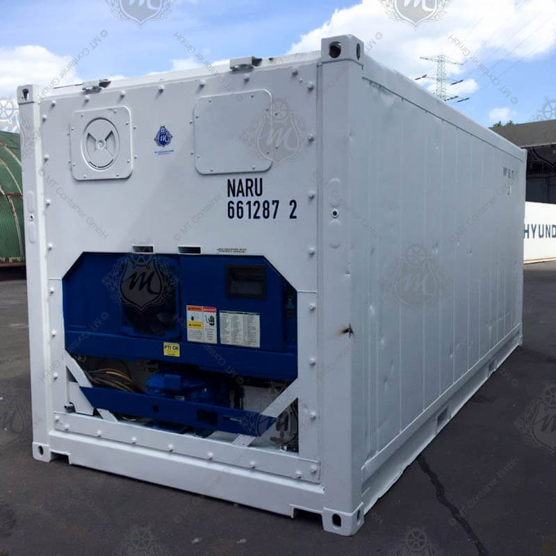 Contenedor refrigerado Reefer de 20 pies color blanco, fabricado en acero aislado, con unidad de refrigeración integrada, ideal para transporte y almacenamiento de productos sensibles a la temperatura, garantizando una cadena de frío eficiente en logística.